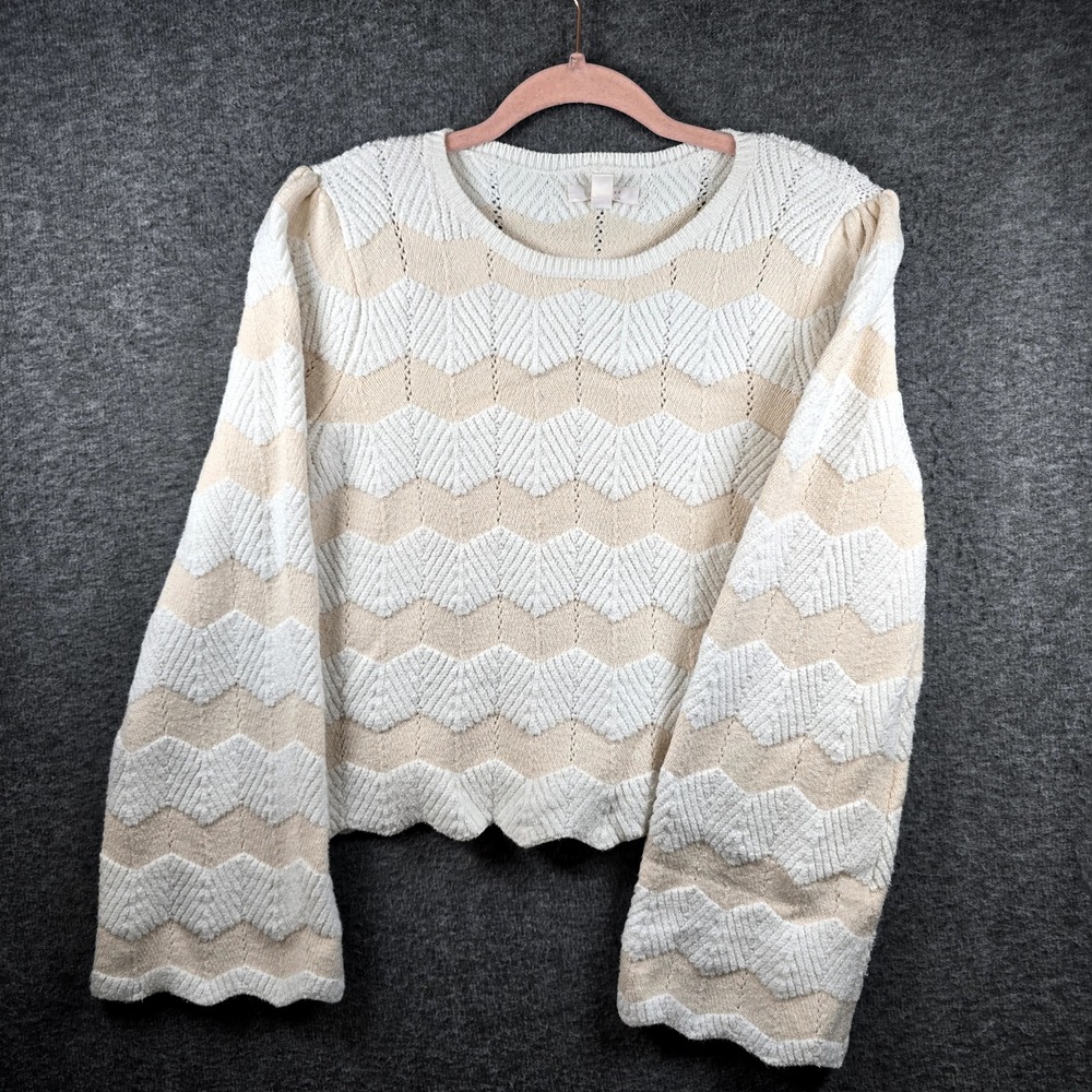 Lauren Conrad Sweater Women‎ Peach White Knit Long Sleeve Crew Neck Cropped